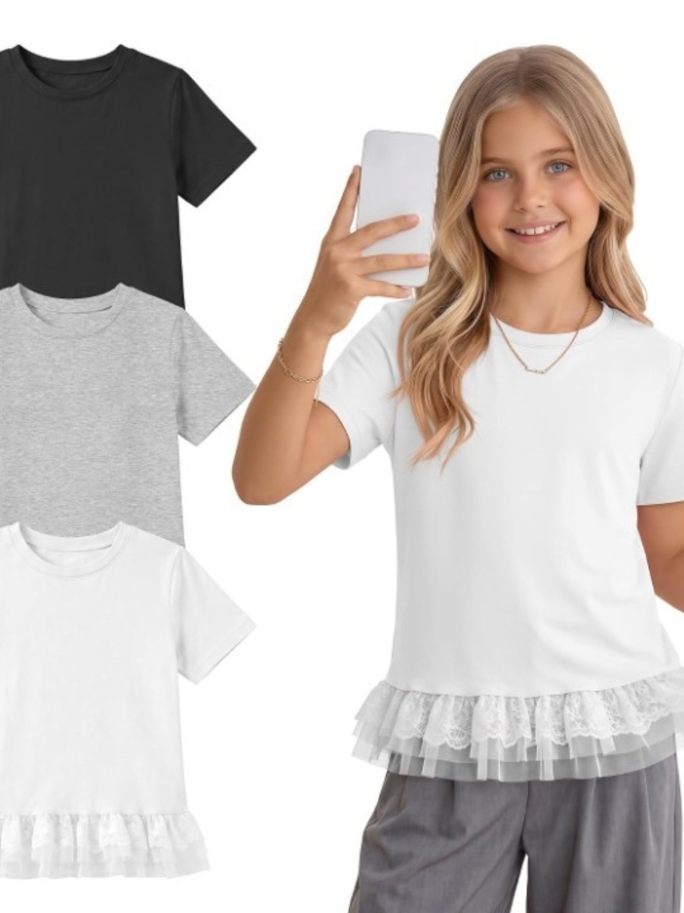 NWT Girls 3 Pack Short Sleeve Lace Hem Ruffle Tee - White, Black, Grey Size 9-10